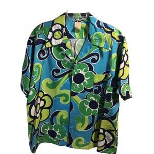 Vintage Men’s L Blue Green Floral SS Button Down Hawaiian Shirt Made In Hawaii